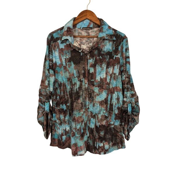 David Cline Blue Brown Abstract Roll Tab Snap Front Top Shirt Size Medium - Picture 3 of 10